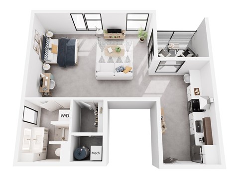 A white room with a table and chairs in the middle.